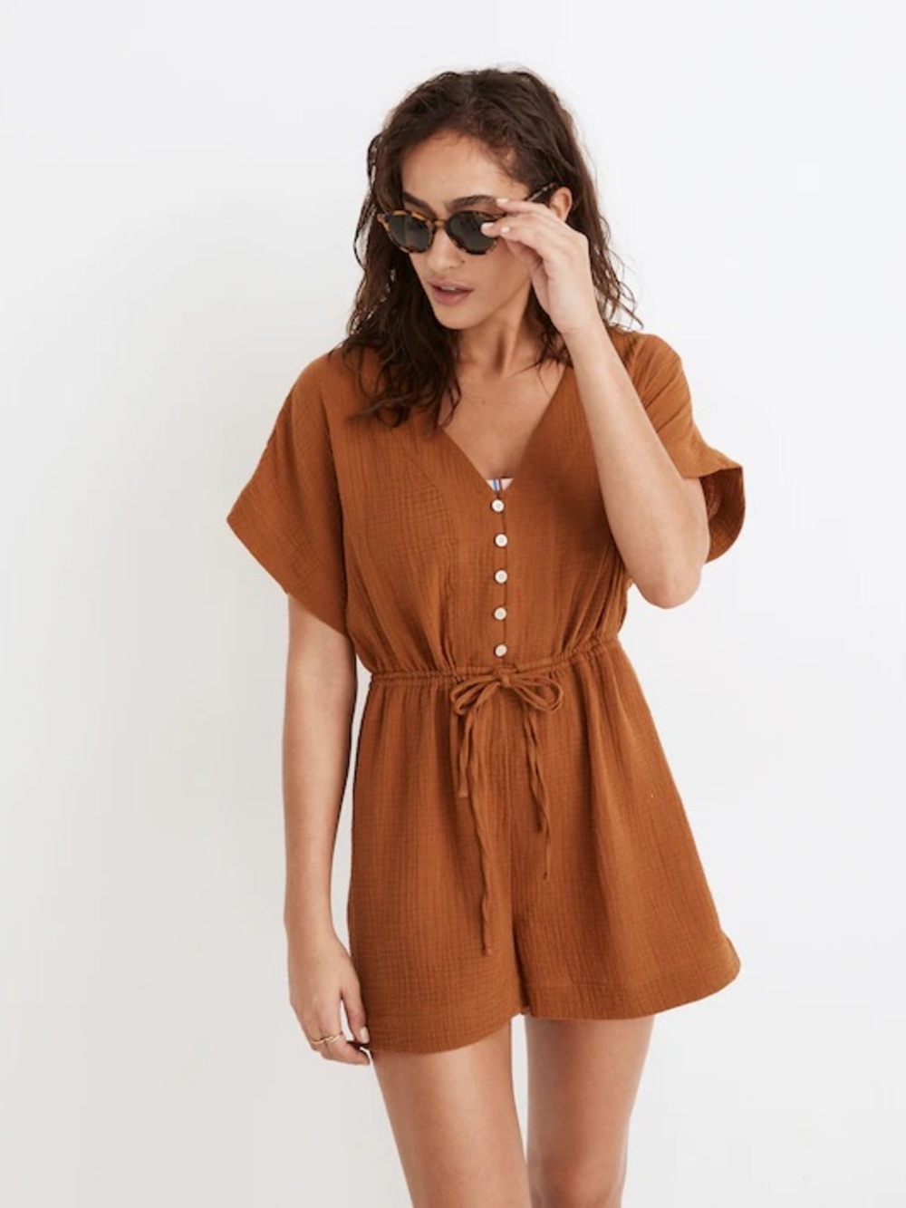 Madewell Rust Short-Sleeve Drawstring Romper